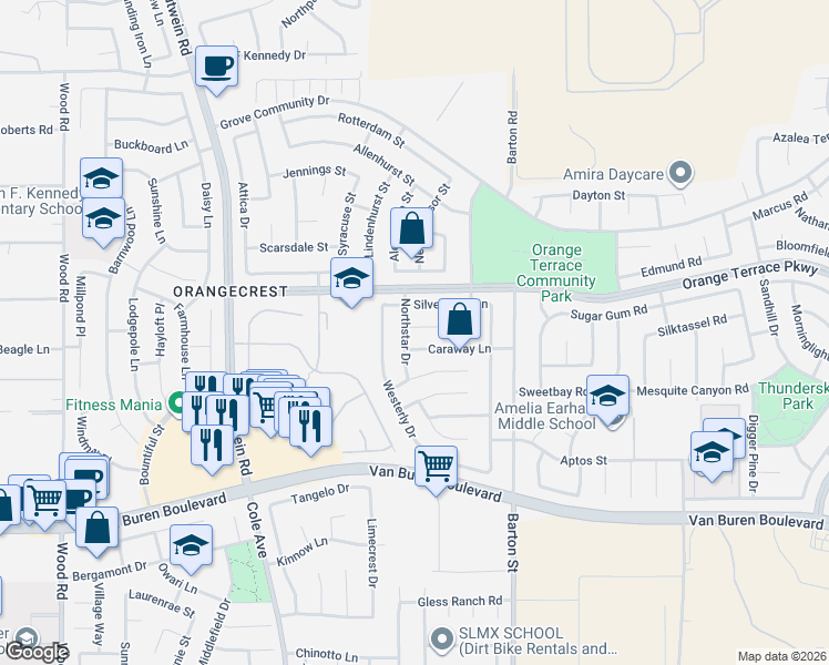 map of restaurants, bars, coffee shops, grocery stores, and more near 19908 Promenade Circle in Riverside
