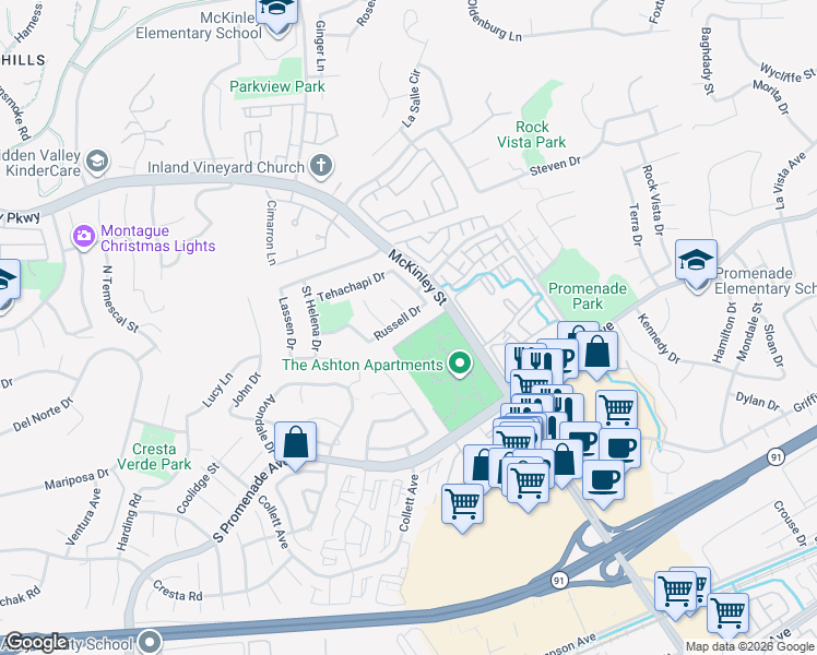 map of restaurants, bars, coffee shops, grocery stores, and more near 712 Mount Thompson Circle in Corona