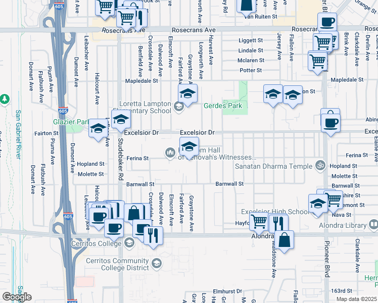 map of restaurants, bars, coffee shops, grocery stores, and more near 15025 Graystone Avenue in Norwalk