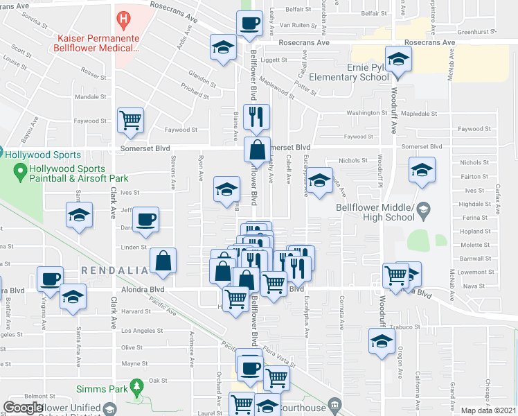 map of restaurants, bars, coffee shops, grocery stores, and more near 15332 Bellflower Boulevard in Bellflower