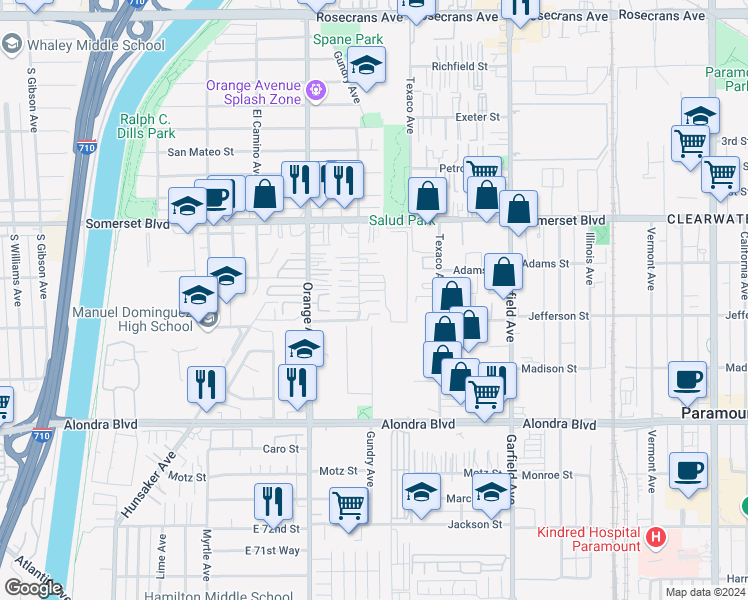 map of restaurants, bars, coffee shops, grocery stores, and more near 15328 Gundry Avenue in Paramount