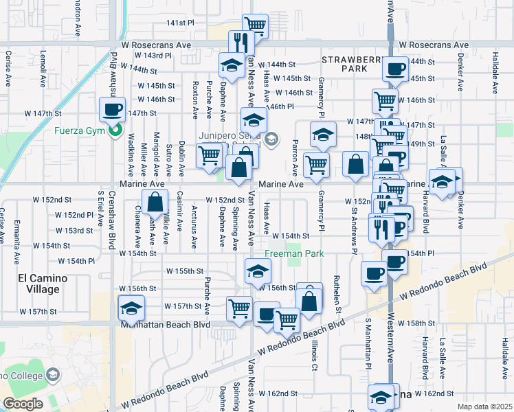 map of restaurants, bars, coffee shops, grocery stores, and more near 2121 West 152nd Street in Gardena