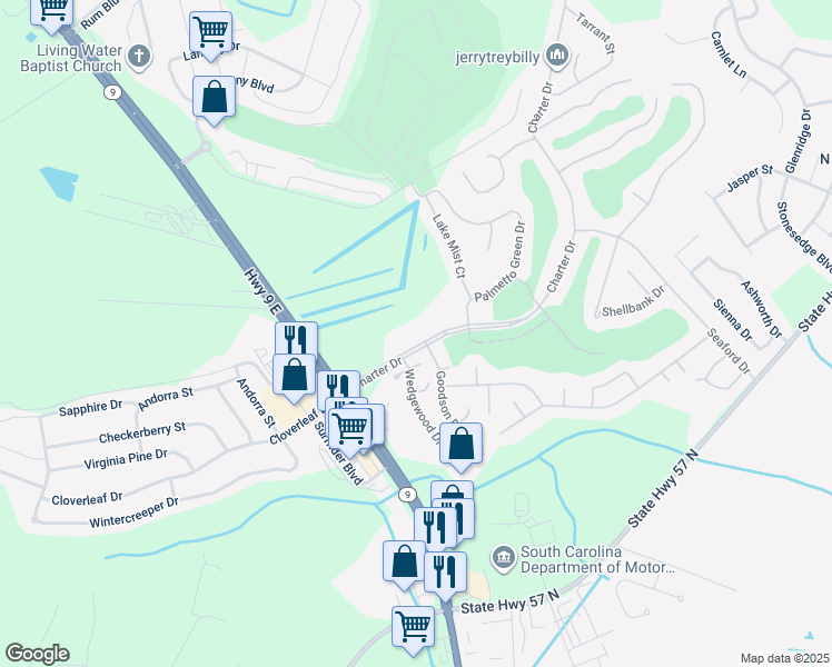 map of restaurants, bars, coffee shops, grocery stores, and more near 195 Charter Drive in Longs