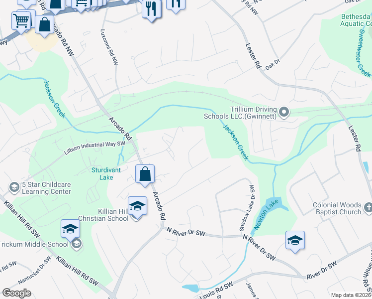 map of restaurants, bars, coffee shops, grocery stores, and more near 130 River Pointe Court Southwest in Lilburn