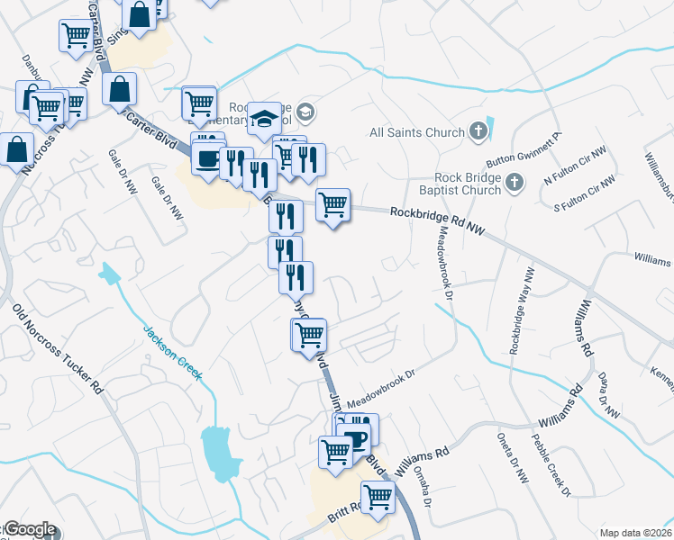 map of restaurants, bars, coffee shops, grocery stores, and more near 6095 Glacier Run in Norcross