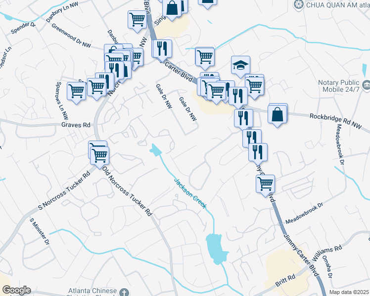 map of restaurants, bars, coffee shops, grocery stores, and more near 6299 Delnorte Court Northwest in Norcross