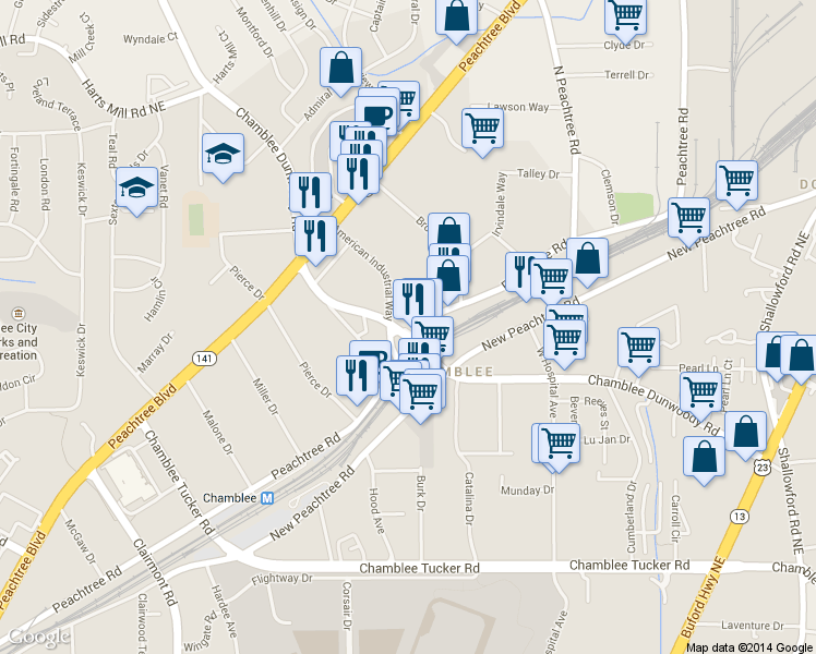 map of restaurants, bars, coffee shops, grocery stores, and more near 5434 Peachtree Road in Chamblee