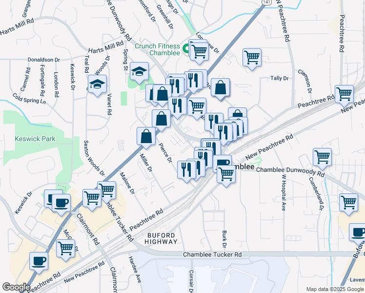 map of restaurants, bars, coffee shops, grocery stores, and more near 3445 Koyla Landing in Chamblee