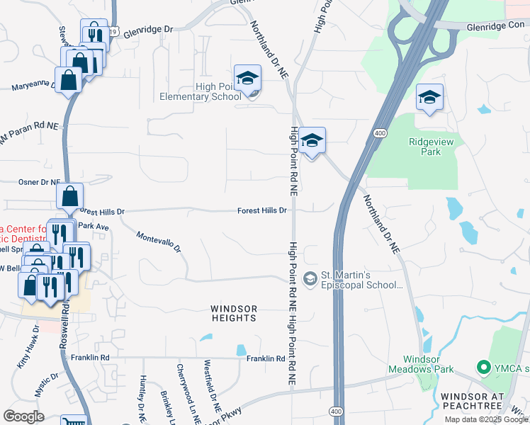 map of restaurants, bars, coffee shops, grocery stores, and more near 535 Forest Hills Drive Northeast in Atlanta