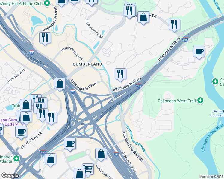 map of restaurants, bars, coffee shops, grocery stores, and more near 400 Interstate North Parkway in Atlanta