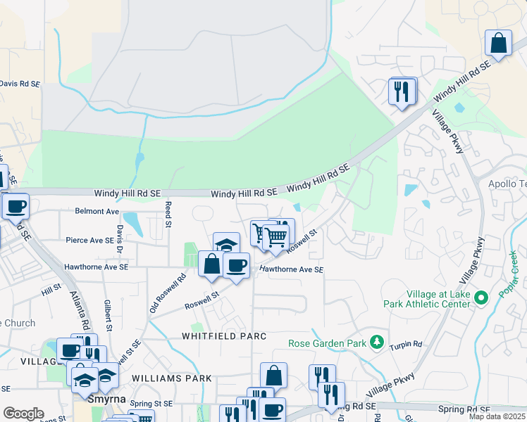 map of restaurants, bars, coffee shops, grocery stores, and more near 2811 Priestcliff Drive Southeast in Smyrna