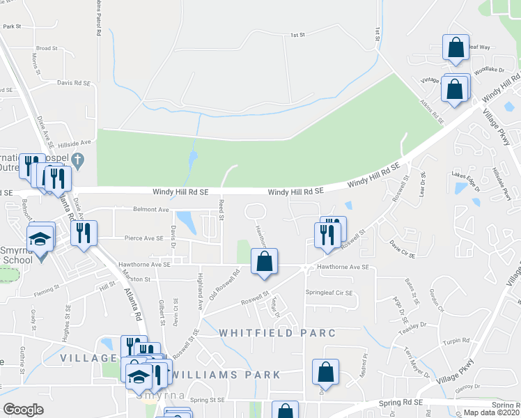 map of restaurants, bars, coffee shops, grocery stores, and more near 4026 Hawthorne Circle in Smyrna