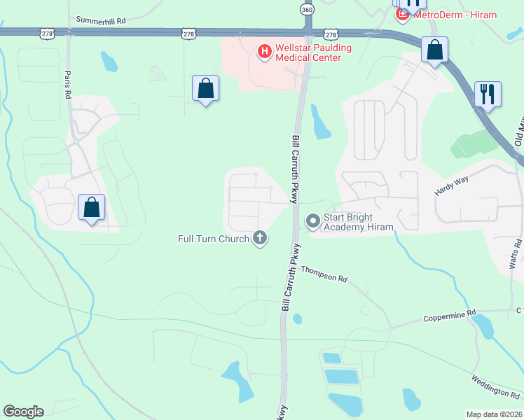 map of restaurants, bars, coffee shops, grocery stores, and more near 9 Darbys Run Way in Hiram