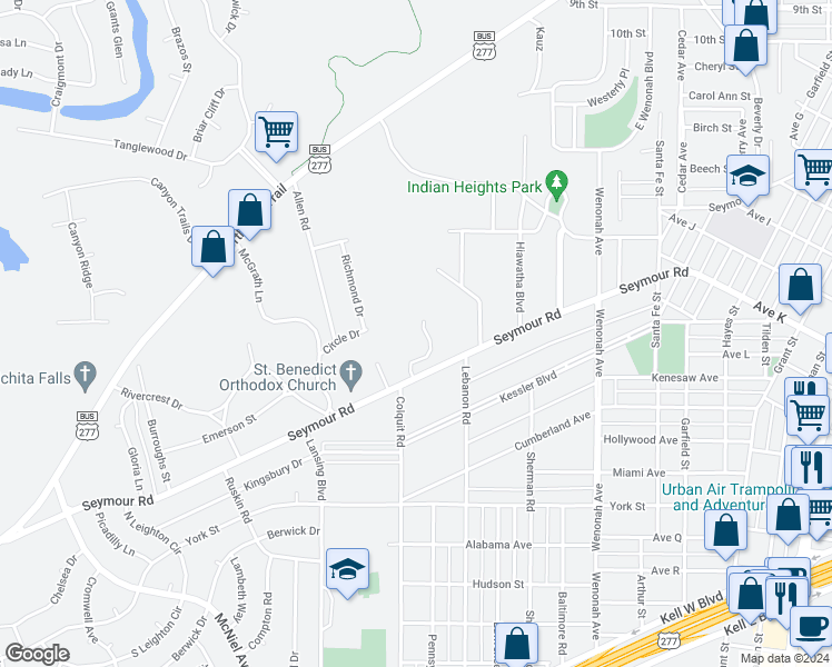 map of restaurants, bars, coffee shops, grocery stores, and more near 3706 Seymour Road in Wichita Falls