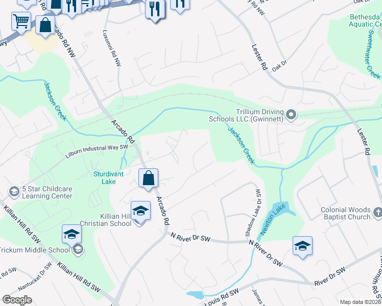 map of restaurants, bars, coffee shops, grocery stores, and more near 130 River Pointe Court Southwest in Lilburn