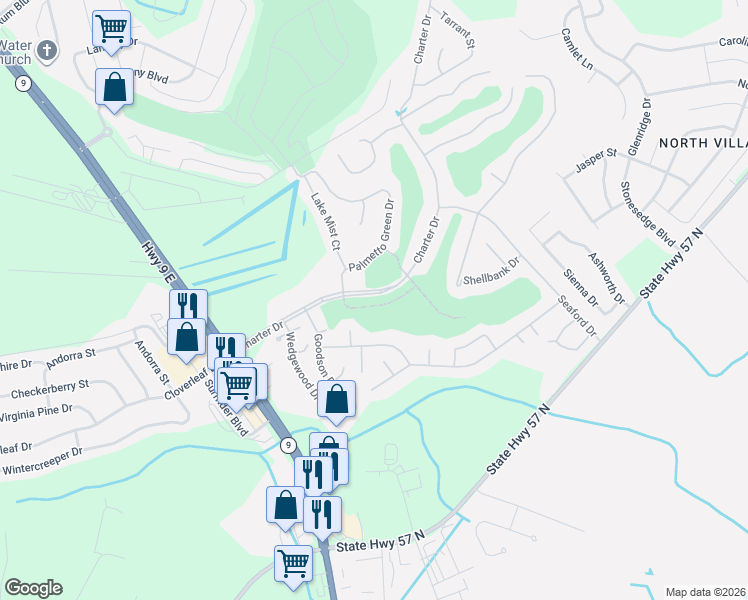 map of restaurants, bars, coffee shops, grocery stores, and more near 66 Palmetto Green Drive in Longs
