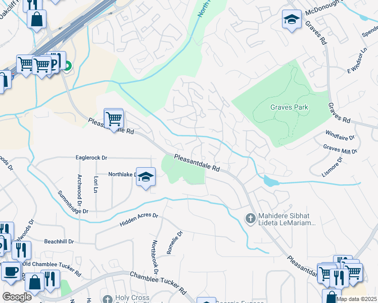 map of restaurants, bars, coffee shops, grocery stores, and more near 3496 Meadowglenn Village Lane in Atlanta