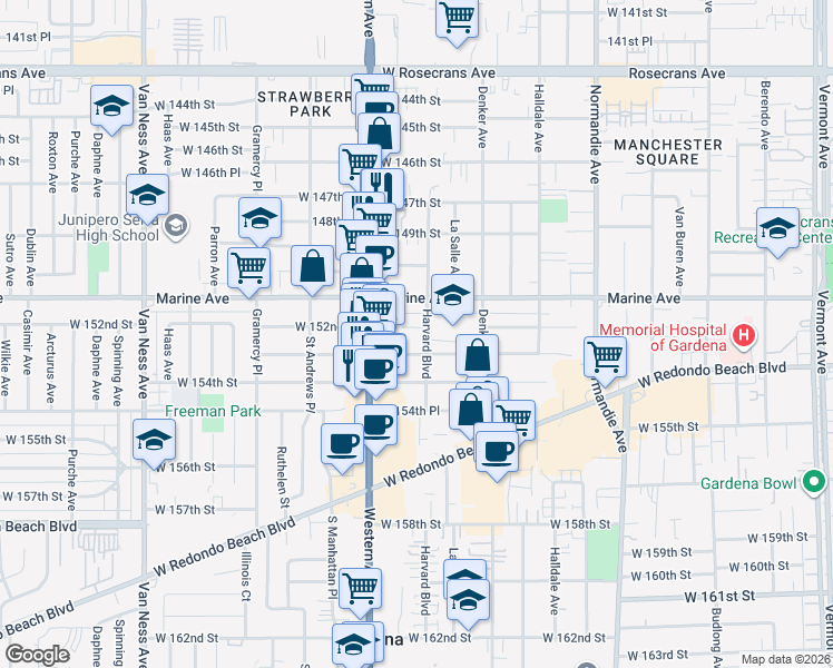 map of restaurants, bars, coffee shops, grocery stores, and more near 1708 West 152nd Street in Gardena