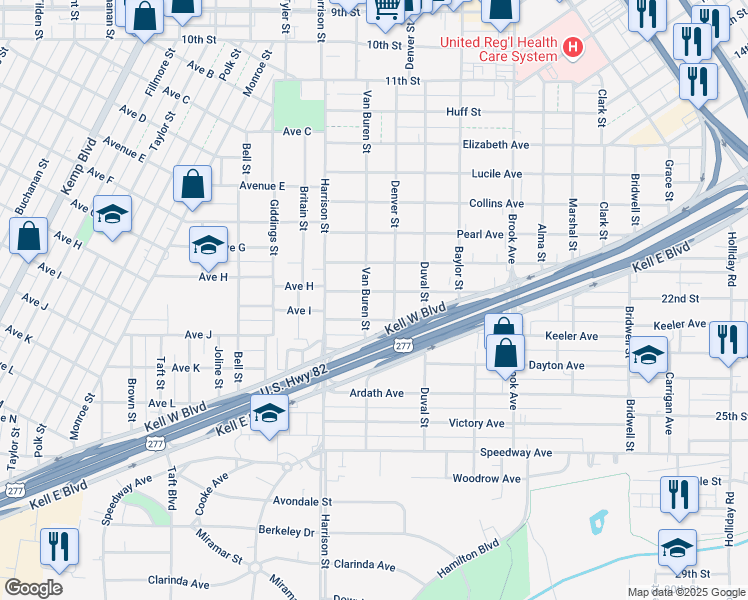 map of restaurants, bars, coffee shops, grocery stores, and more near 1909 Wilson Avenue in Wichita Falls