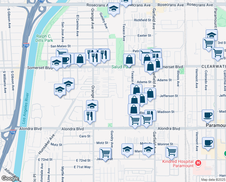 map of restaurants, bars, coffee shops, grocery stores, and more near 15338 Gundry Avenue in Paramount