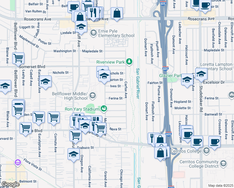map of restaurants, bars, coffee shops, grocery stores, and more near 10446 Highdale Street in Bellflower