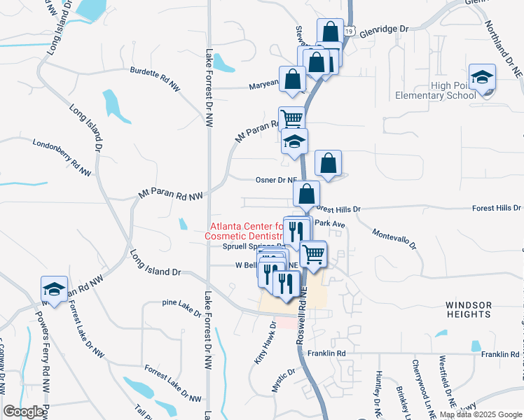 map of restaurants, bars, coffee shops, grocery stores, and more near 5250 Chemin De Vie Northeast in Sandy Springs