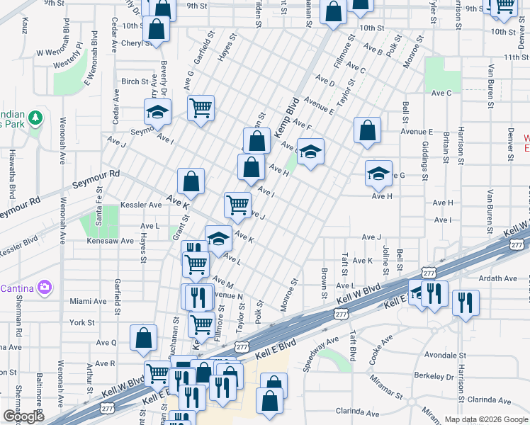 map of restaurants, bars, coffee shops, grocery stores, and more near 2401-2499 Avenue I in Wichita Falls