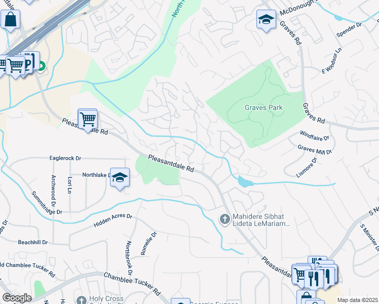 map of restaurants, bars, coffee shops, grocery stores, and more near 3470 Pleasantbrook Village Lane in Atlanta