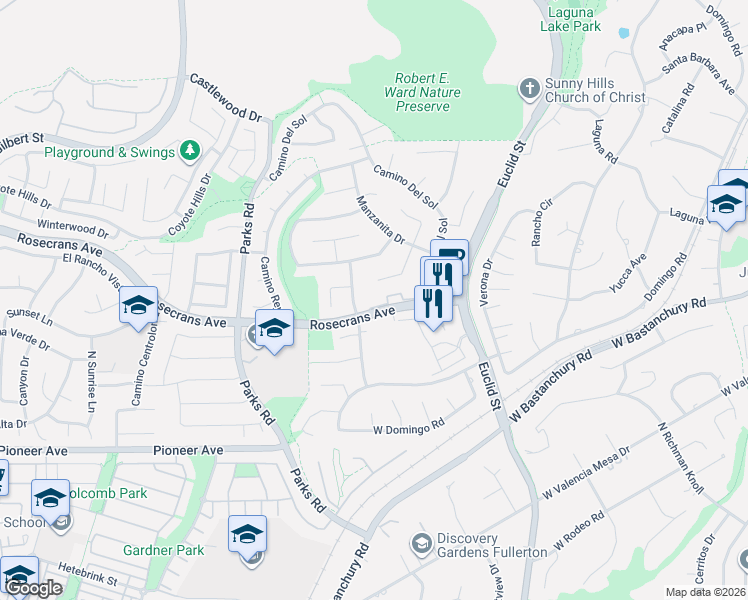 map of restaurants, bars, coffee shops, grocery stores, and more near 2114 Avenida Soledad in Fullerton