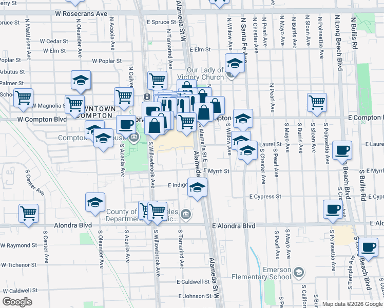 map of restaurants, bars, coffee shops, grocery stores, and more near in Compton