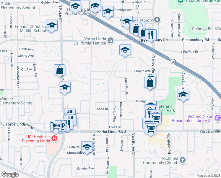 map of restaurants, bars, coffee shops, grocery stores, and more near 4611 Santa Fe Street in Yorba Linda