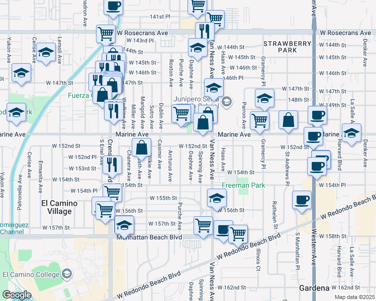map of restaurants, bars, coffee shops, grocery stores, and more near 2407 West 152nd Street in Gardena