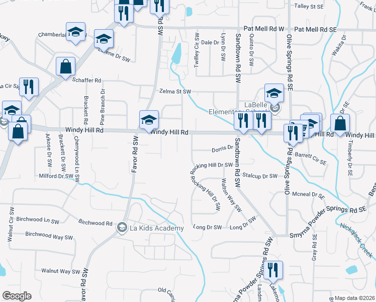 map of restaurants, bars, coffee shops, grocery stores, and more near 2456 Rocking Hill Lane Southwest in Marietta