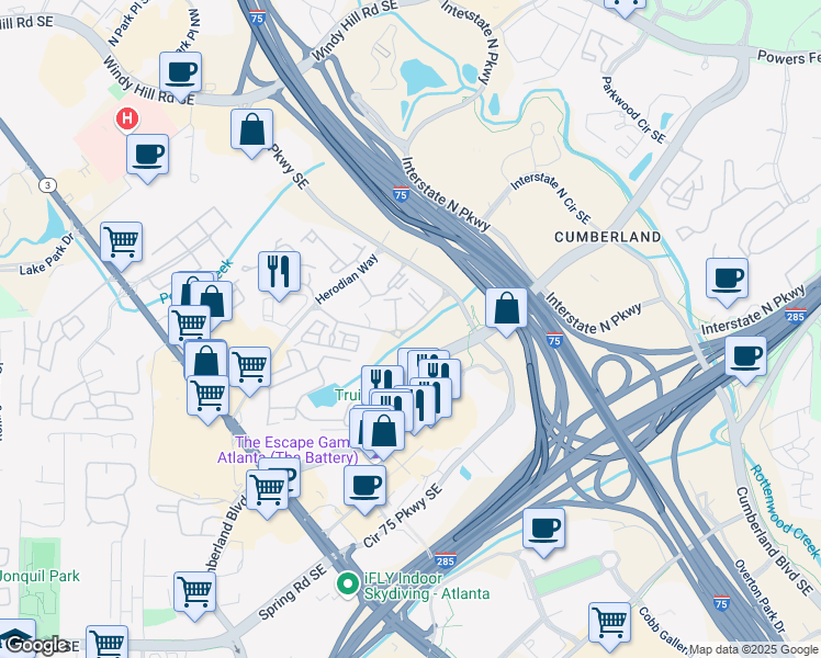 map of restaurants, bars, coffee shops, grocery stores, and more near 2875 Crescent Parkway in Smyrna