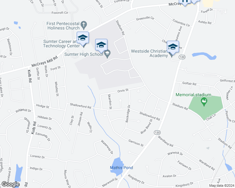 map of restaurants, bars, coffee shops, grocery stores, and more near 2372 Orvis Street in Sumter