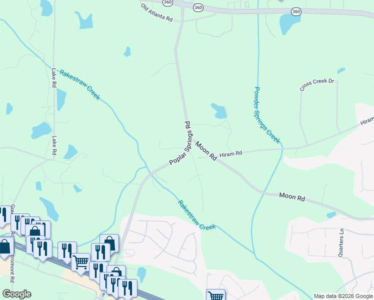 map of restaurants, bars, coffee shops, grocery stores, and more near 32 Legends Way in Hiram