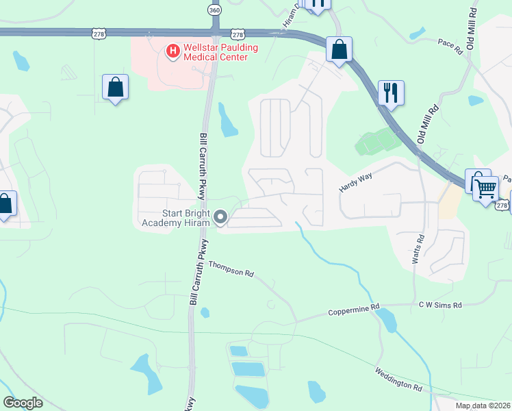 map of restaurants, bars, coffee shops, grocery stores, and more near 436 Stone Ridge Circle in Hiram