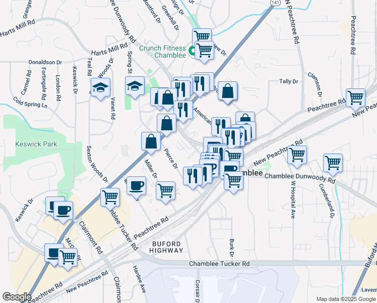 map of restaurants, bars, coffee shops, grocery stores, and more near 3445 Koyla Landing in Chamblee
