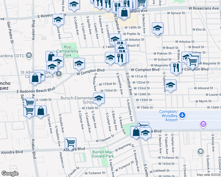 map of restaurants, bars, coffee shops, grocery stores, and more near 2208 West 152nd Street in Compton