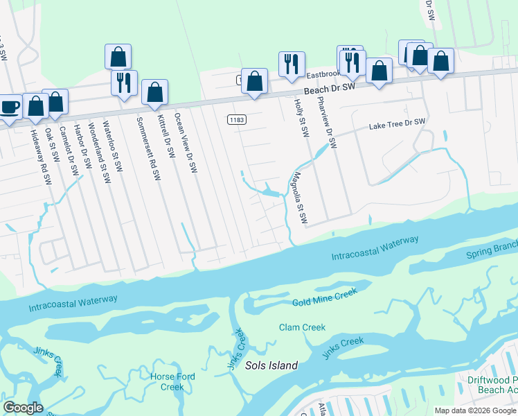 map of restaurants, bars, coffee shops, grocery stores, and more near 1931 Ocean Haven Road Southwest in Ocean Isle Beach