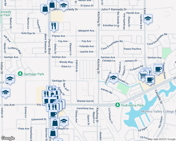 map of restaurants, bars, coffee shops, grocery stores, and more near 25350 Santiago Drive in Moreno Valley