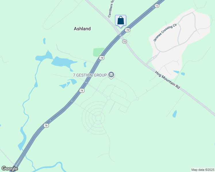 map of restaurants, bars, coffee shops, grocery stores, and more near 2853 Brookstone Crossing in Bogart