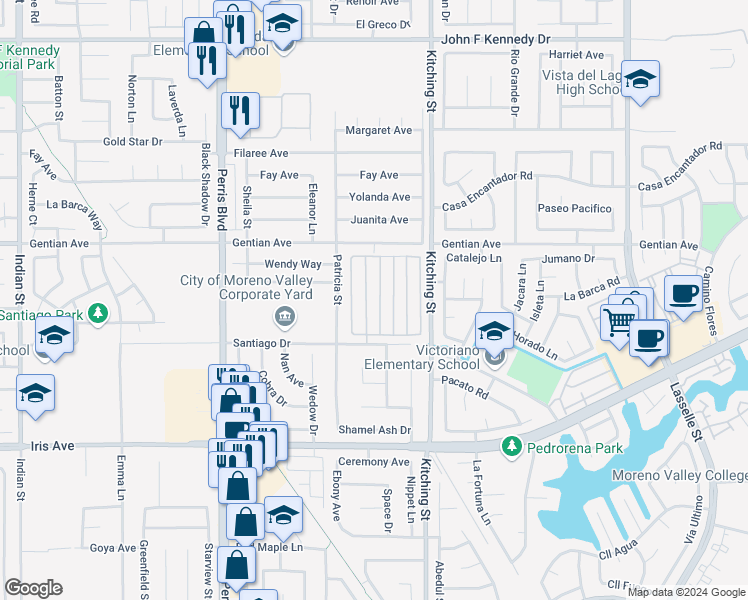 map of restaurants, bars, coffee shops, grocery stores, and more near 25350 Santiago Drive in Moreno Valley