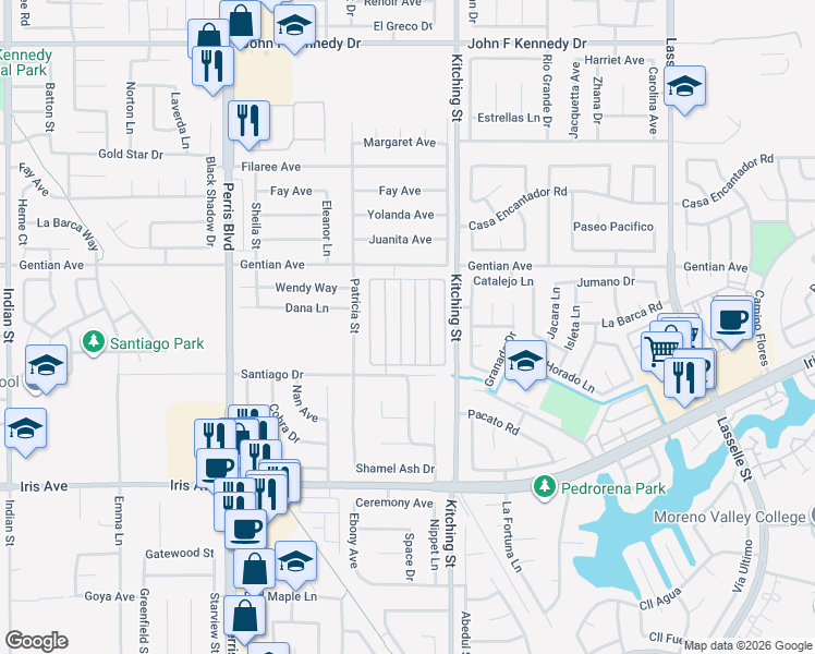 map of restaurants, bars, coffee shops, grocery stores, and more near 25350 Santiago Drive in Moreno Valley