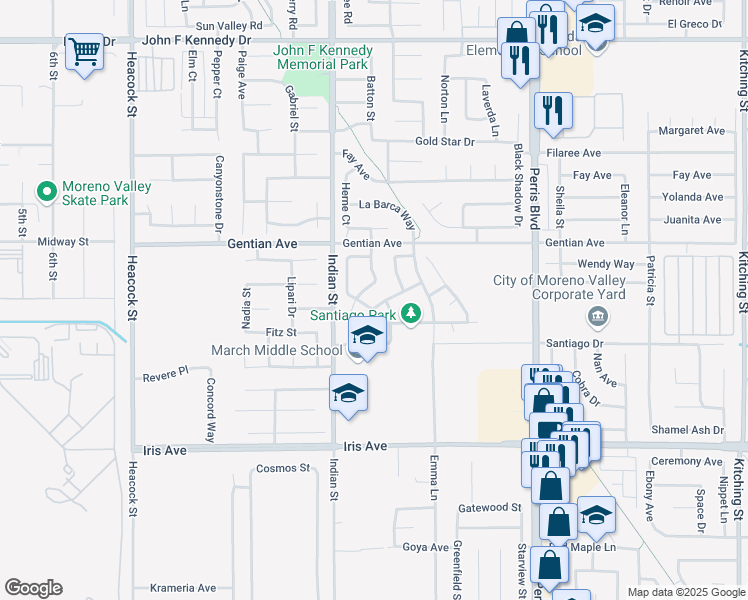 map of restaurants, bars, coffee shops, grocery stores, and more near 24638 Hudson Street in Moreno Valley