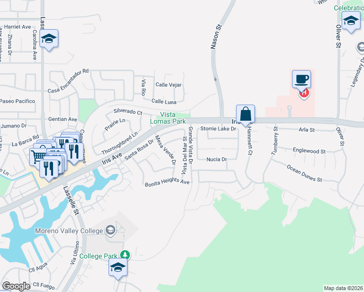 map of restaurants, bars, coffee shops, grocery stores, and more near 15675 Vista Del Mar Street in Moreno Valley