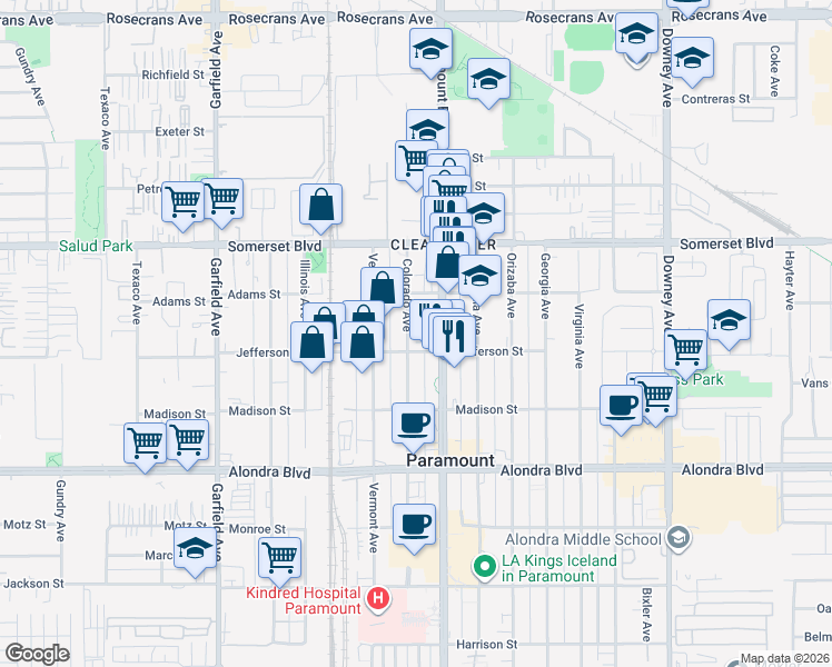 map of restaurants, bars, coffee shops, grocery stores, and more near 15326 Colorado Avenue in Paramount