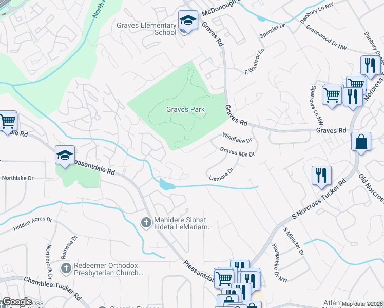 map of restaurants, bars, coffee shops, grocery stores, and more near 6848 Windfaire Drive in Norcross