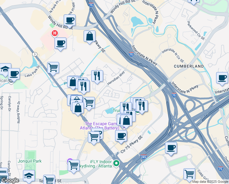 map of restaurants, bars, coffee shops, grocery stores, and more near 2560 Crescent Parkway in Smyrna