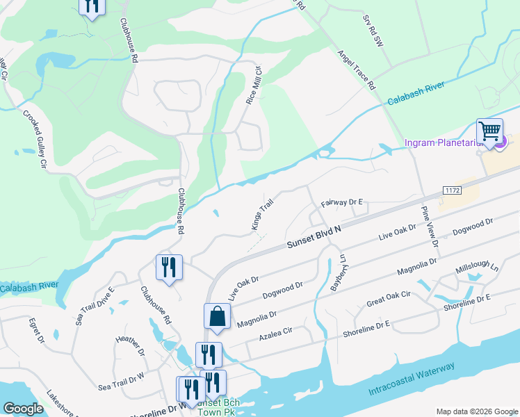 map of restaurants, bars, coffee shops, grocery stores, and more near 598 Coach Trail in Sunset Beach